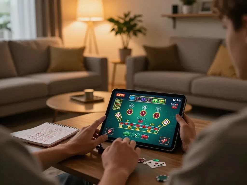 Experience the excitement of f168.osaka with online blackjack gameplay on a tablet in a cozy home setting.