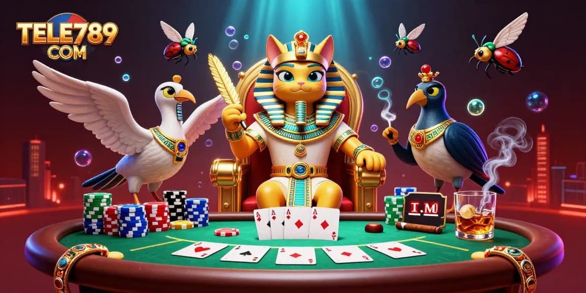 Experience thrilling casino action with TELE789 COM featuring a pharaoh cat, poker elements, and more in a vibrant scene.