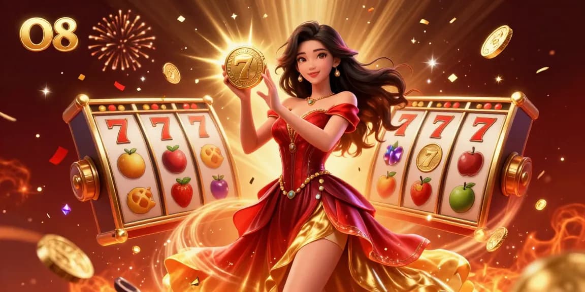 Spin to win with O8 at the vibrant online casino, featuring a stunning gradient gown and golden coins.