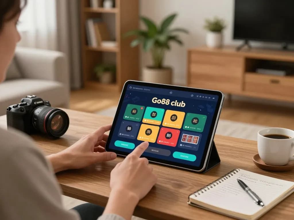 Engaged user playing Go88 club app on tablet in cozy home setting, capturing online gambling excitement