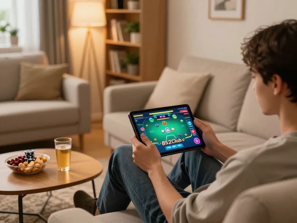 B52Club player enjoying vibrant mobile gaming experience on tablet at home, engaged and relaxed.