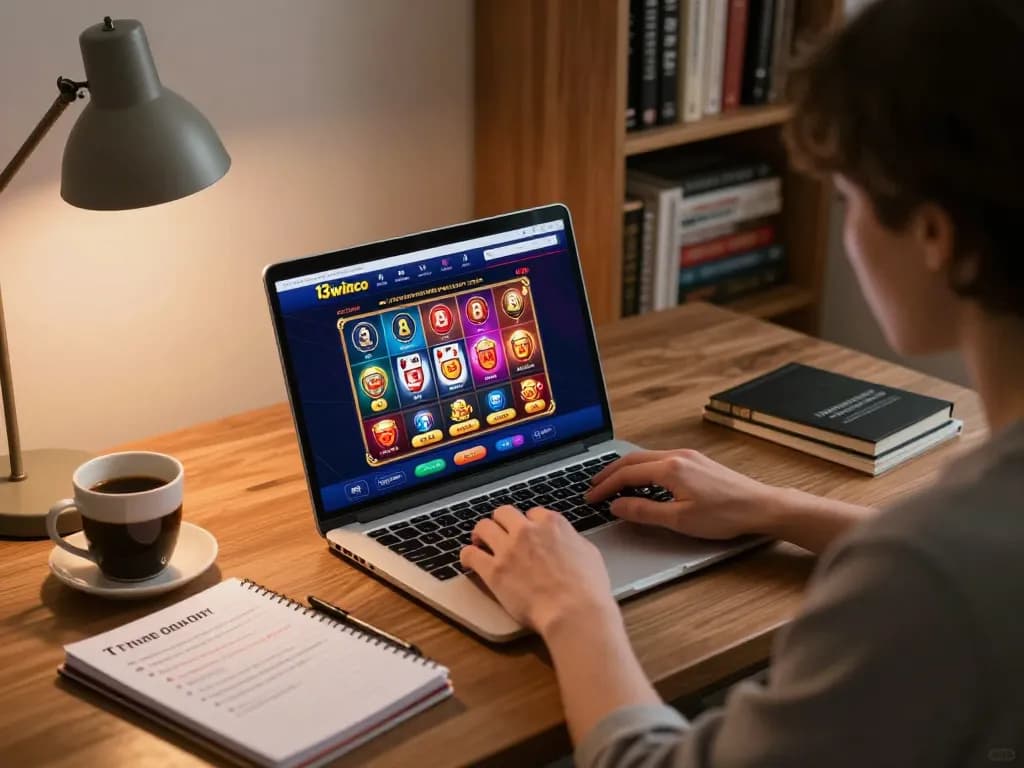 Engaged player strategizing on 13winco online gambling platform from a cozy home office setup.
