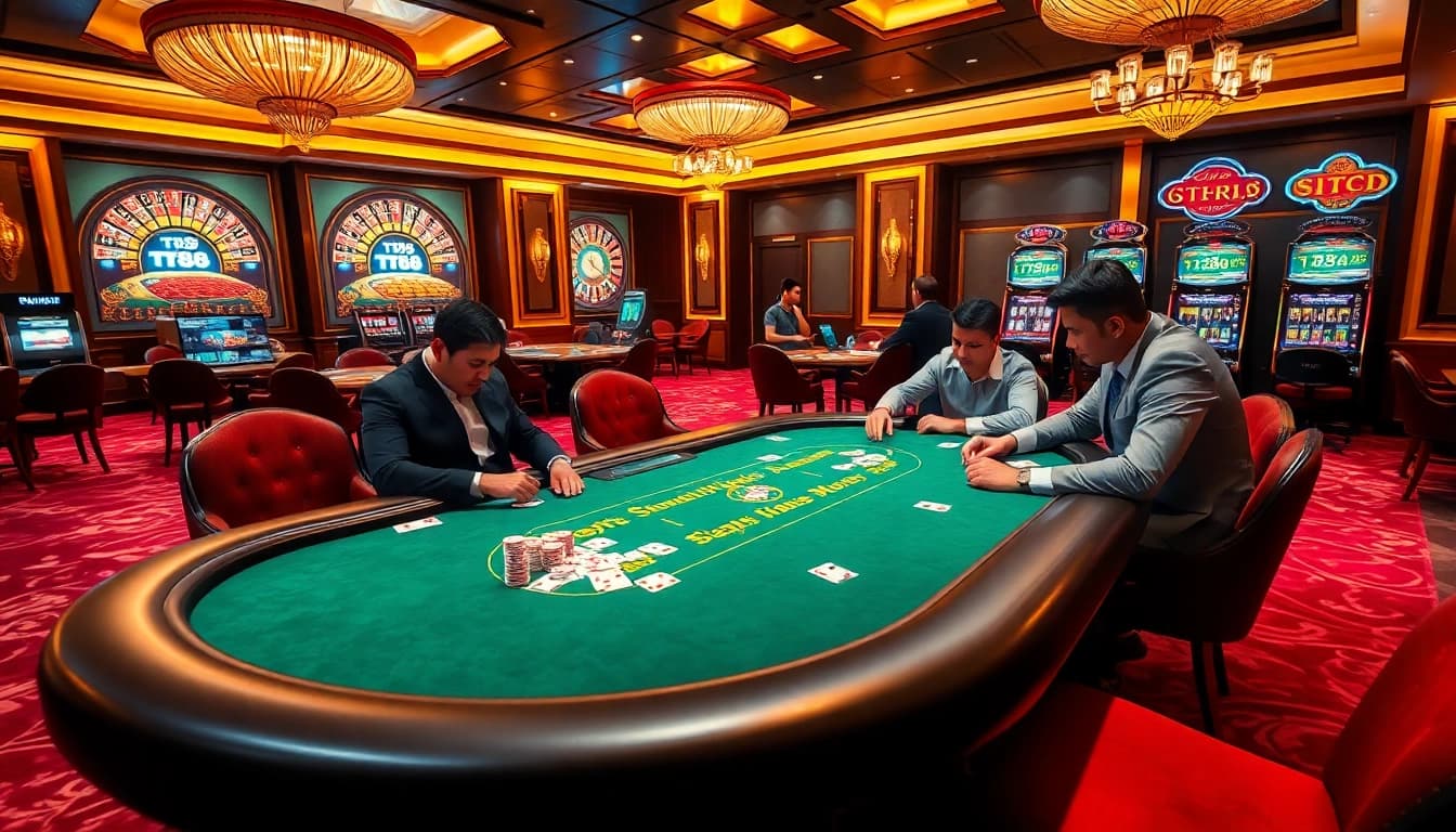 Experience thrilling gameplay at TT88's luxurious casino with vibrant poker tables and slot machines.