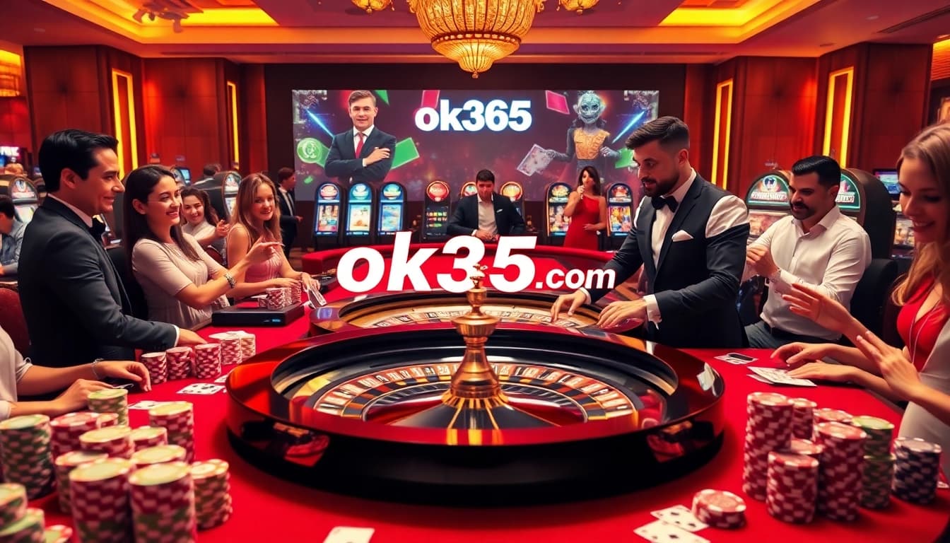 Experience high-stakes betting thrills at ok365 com with an elegant casino scene showcasing roulette and poker.