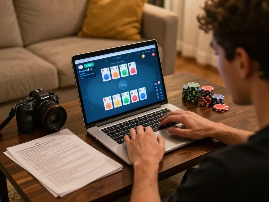 Engaging scene of poker gameplay on 789Win home setup, showcasing strategic card play and bankroll management.