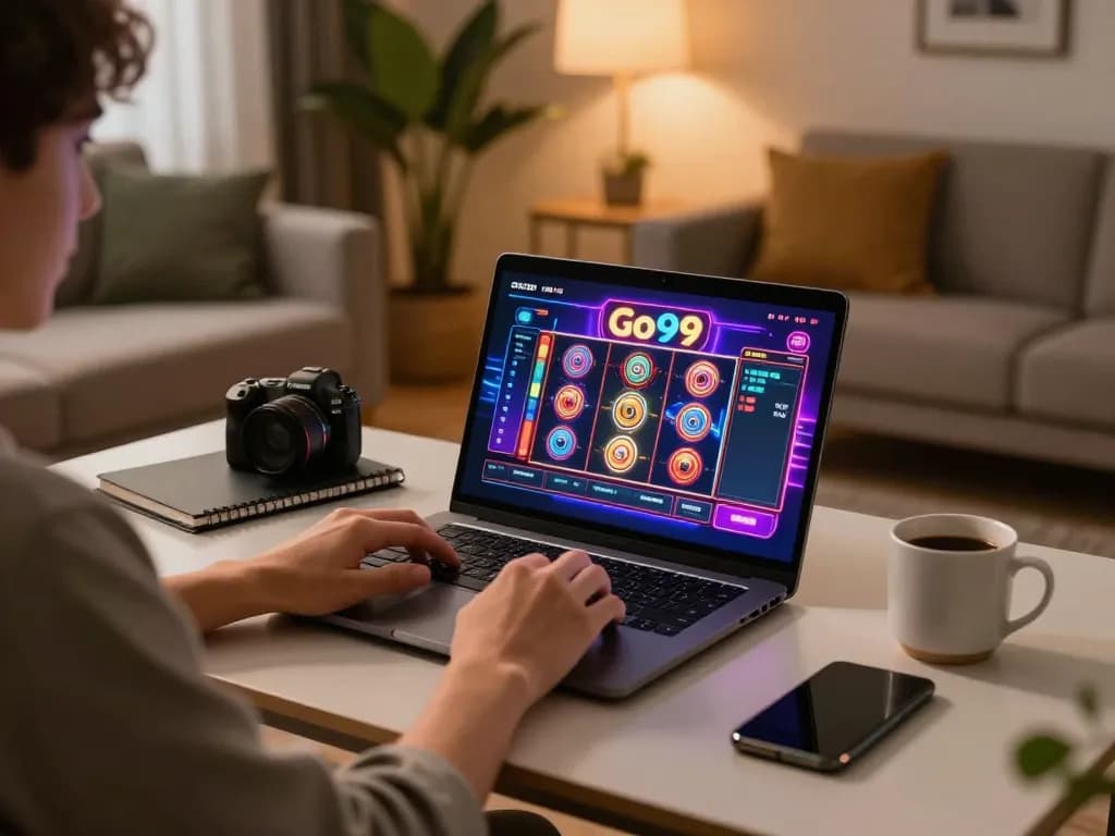 Engaging in online gaming on Go99 with a laptop in a cozy living room.