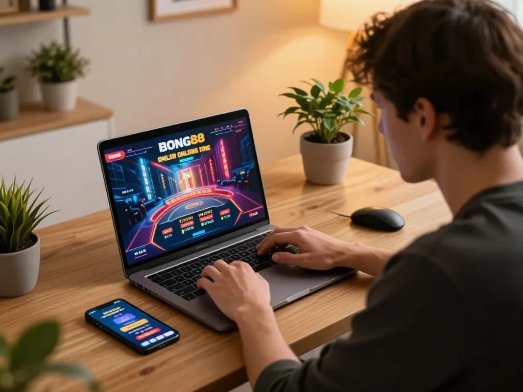 Person strategically placing bets on the BONG88 online casino while engaging in responsible gaming at home.