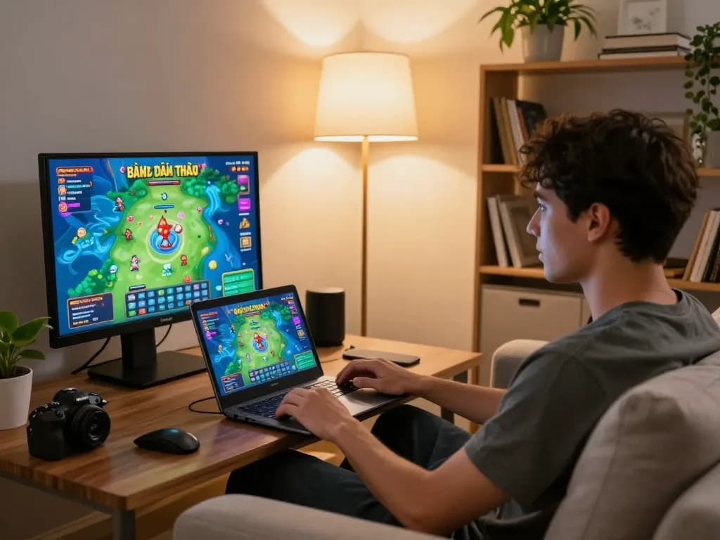 Bắn Cá Đổi Thưởng gameplay on a laptop showing vibrant graphics in an inviting home setting.