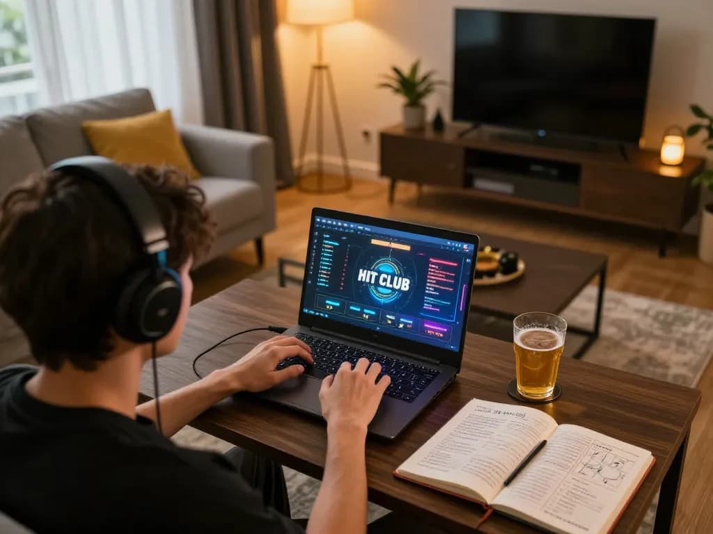 Engaging in HIT CLUB online gaming while strategizing in a cozy living room.