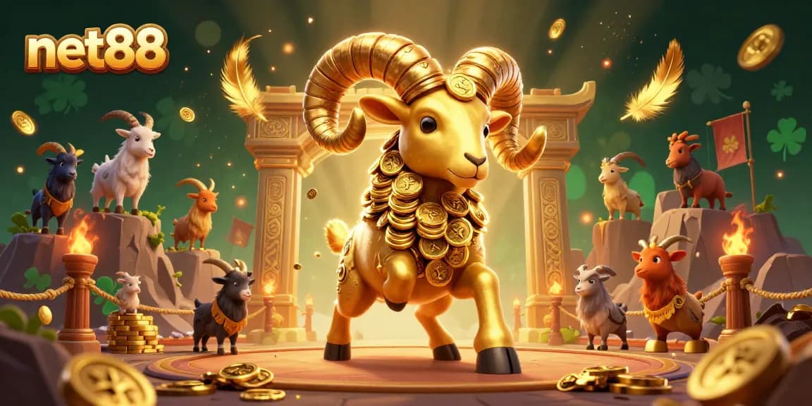 Engage with the thrilling action of net88's golden ram charging in a vibrant casino battle scene.