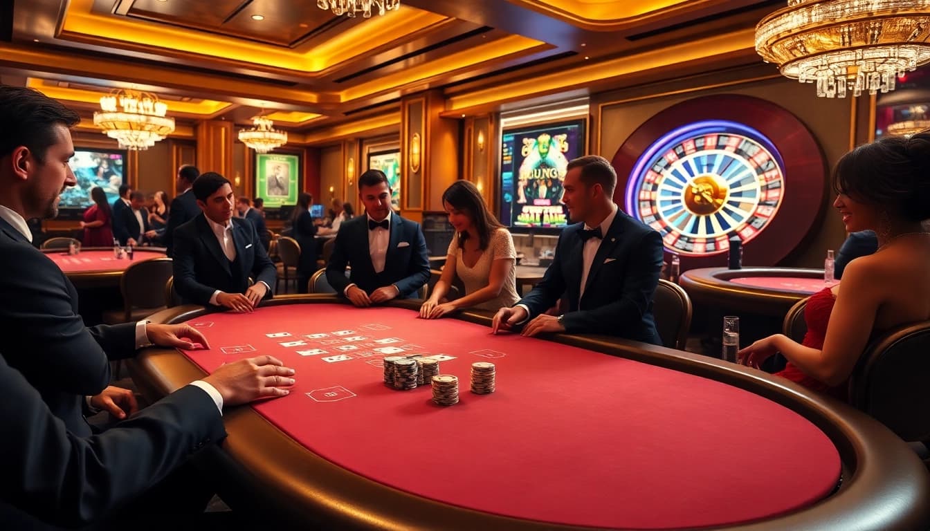 Exciting gambling scene at https://lsa.jp.net/ showcasing a luxurious poker table with chips and cards.