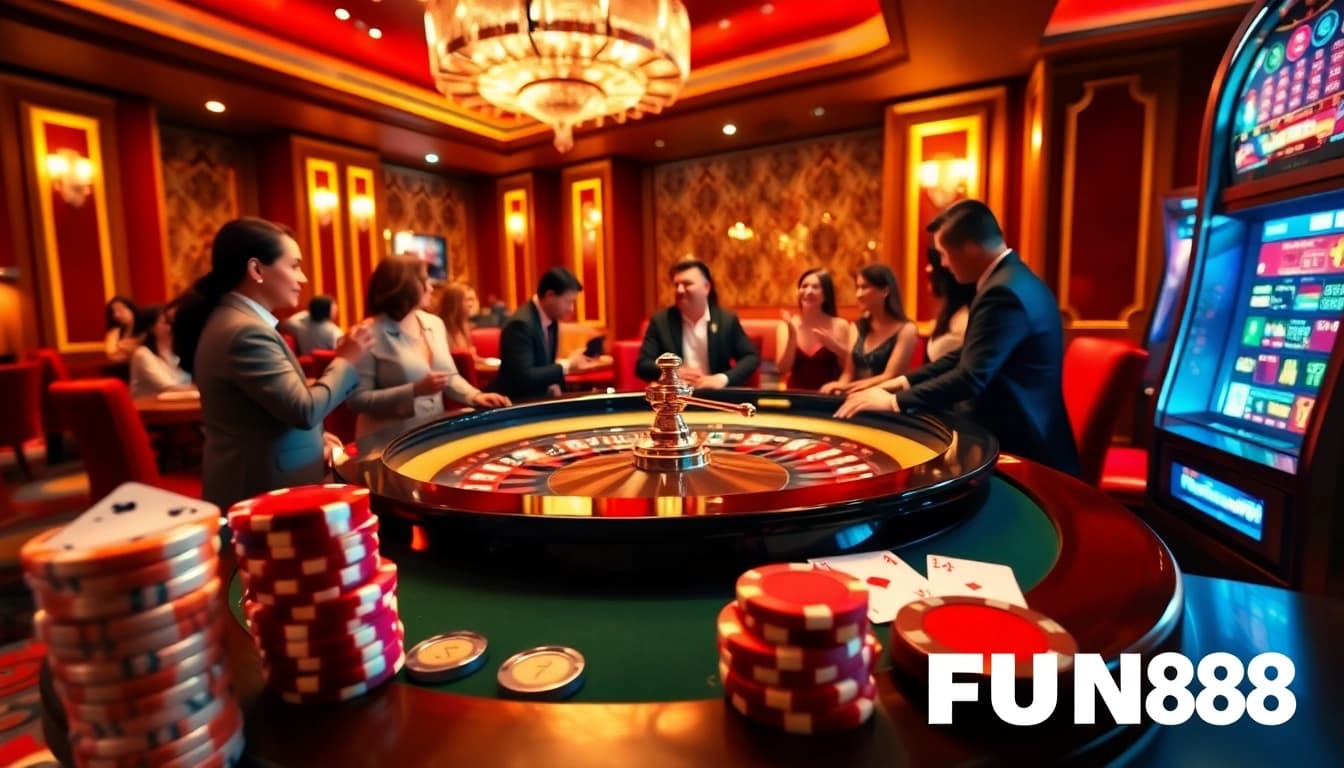 Players enjoying high-stakes roulette at FUN88 casino, surrounded by luxury and excitement.