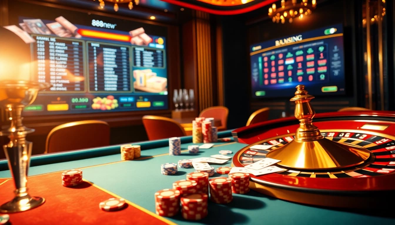 Experience vibrant casino excitement at 888new with lively poker chips and roulette table.