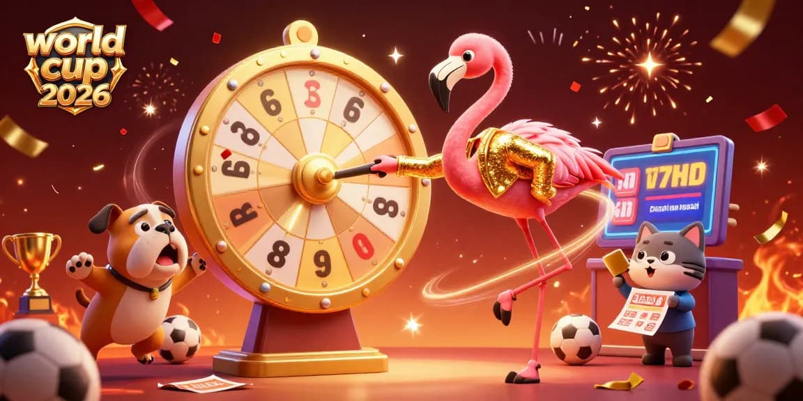 Win with the excitement of world cup 2026; a vibrant scene featuring a flamingo host and sports elements.