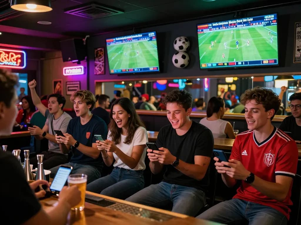Friends enjoying sports betting and checking kết quả bóng đá in lively bar atmosphere.