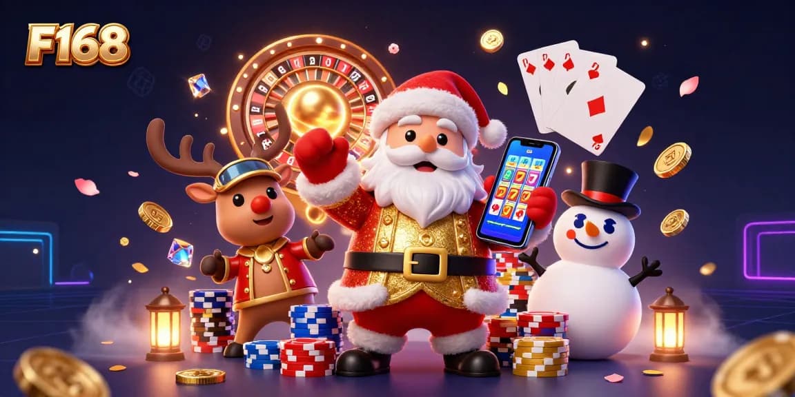Experience winning at F168 with Santa and his reindeer in this vibrant 3D casino scene featuring jackpots.