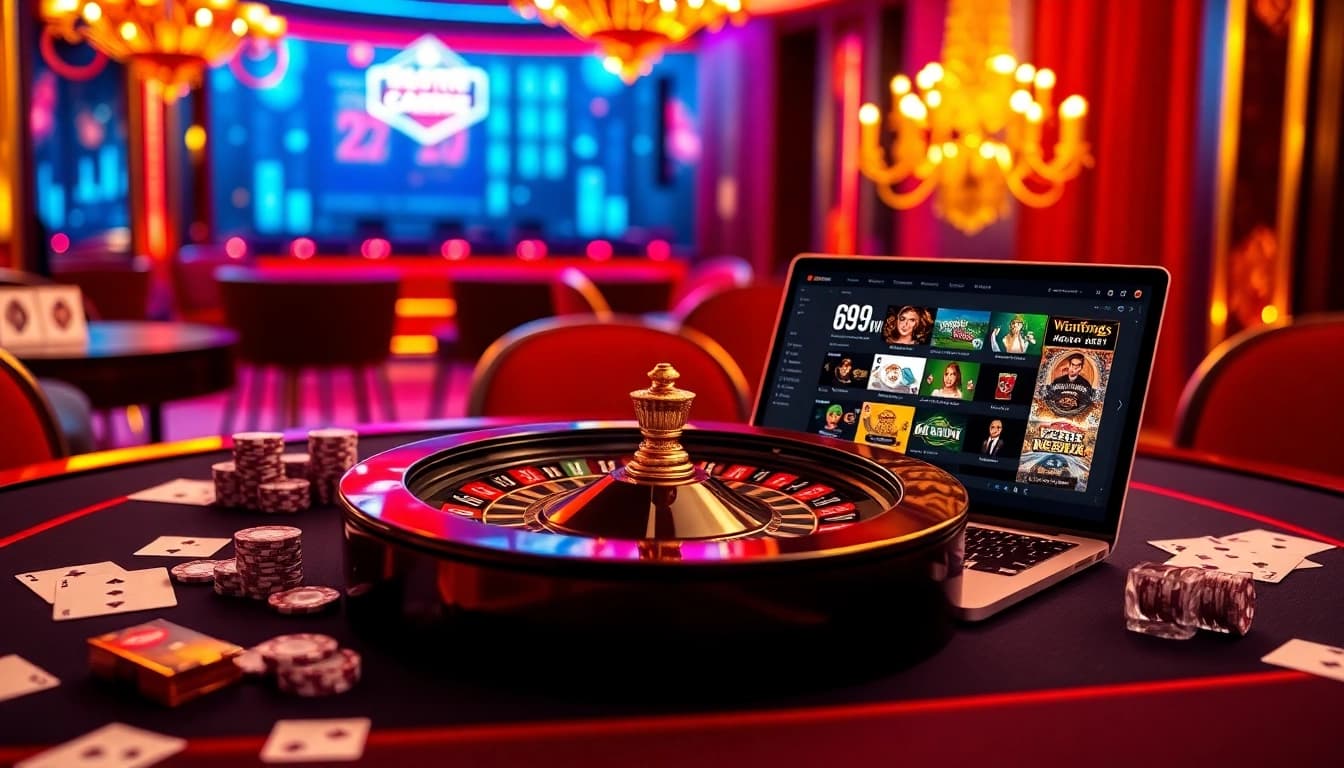 Exciting gambling scene at 69vn, featuring vibrant poker chips and roulette, highlighting online gaming.