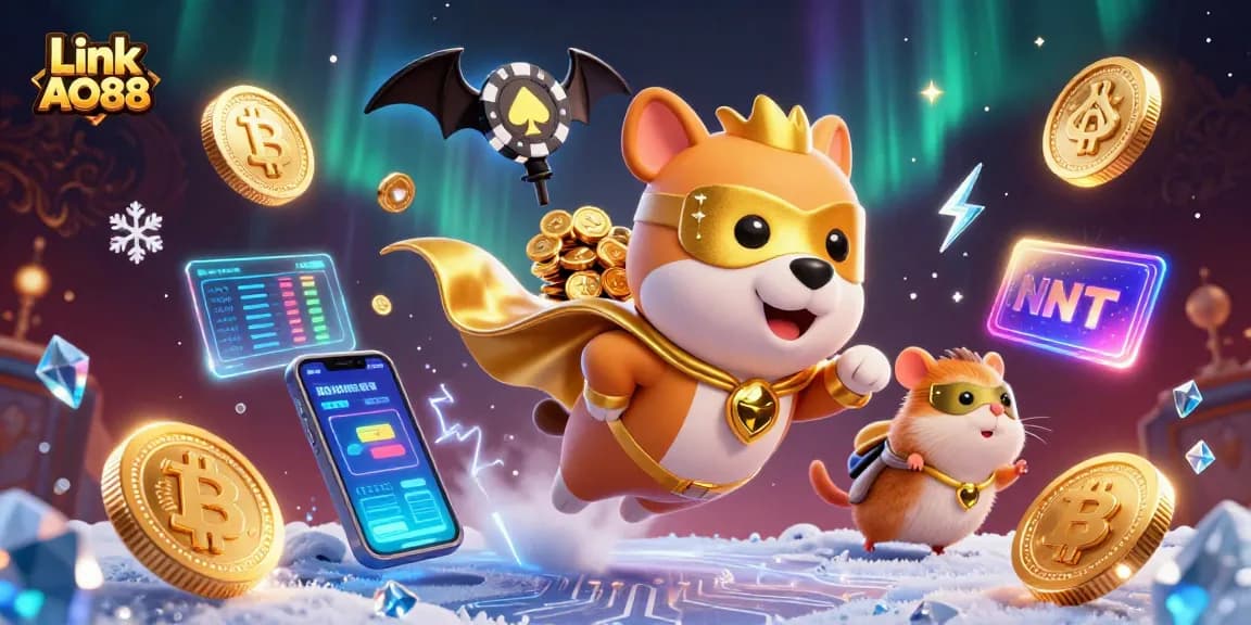 Experience the thrill of Link AO88 casino adventures with a superhero dog and vibrant game elements.