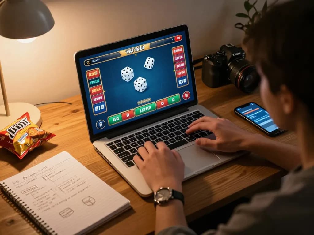 Tài xỉu online gameplay session with animated dice on laptop, showcasing strategic betting.