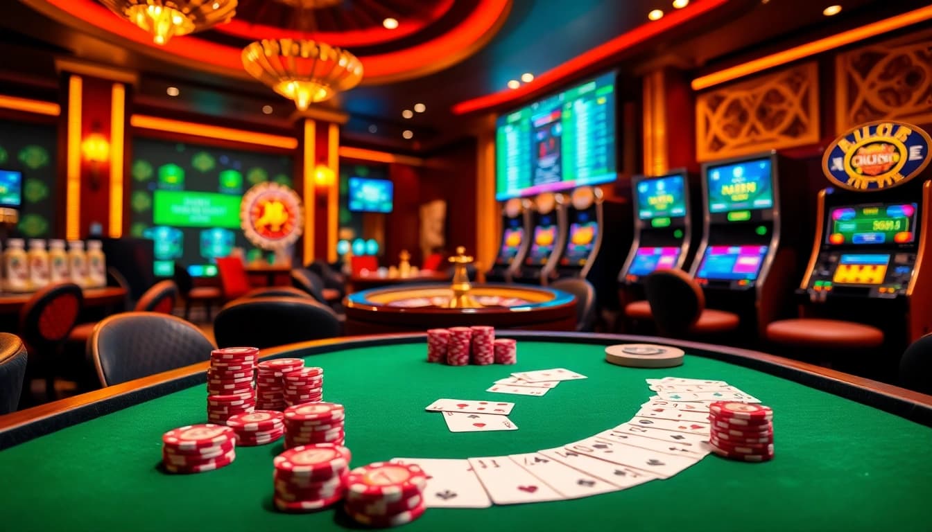 Players enjoying high-stakes games at a casino scene inspired by https://8live3.com/ with poker chips and roulette wheels.