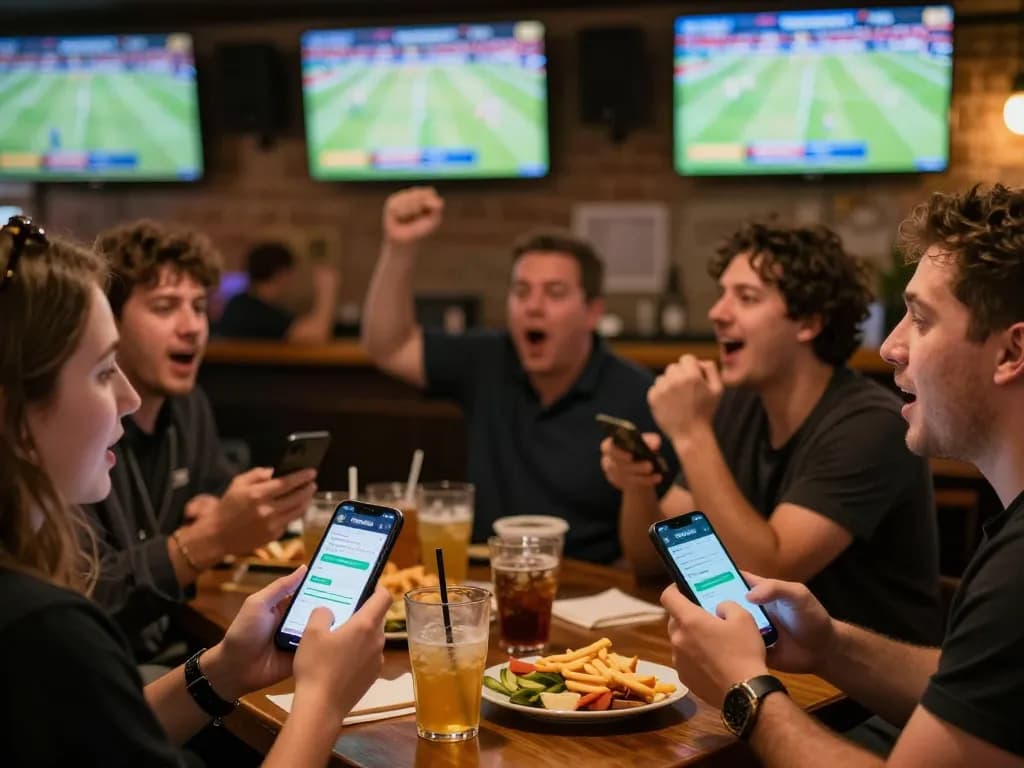 Socolive sports fans engaging in live betting excitement at a vibrant bar.