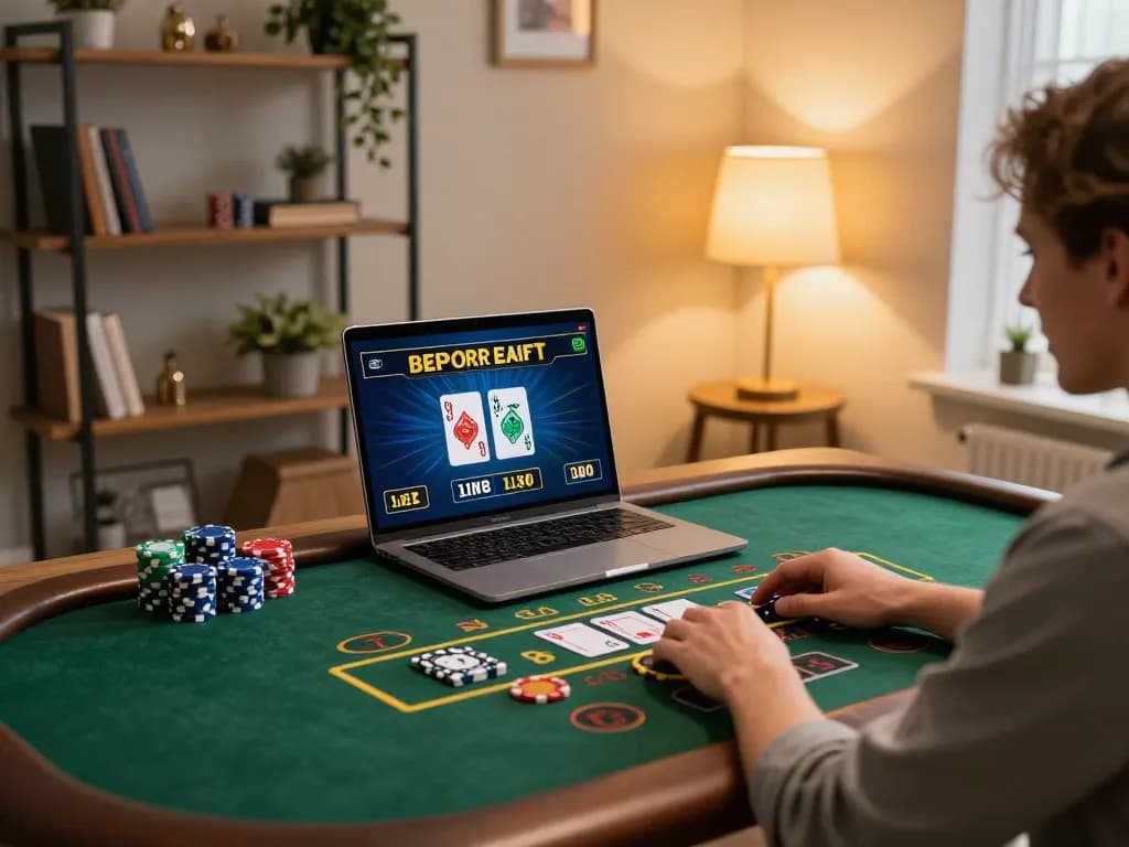 Player enjoying online gaming with Luck8biz on a laptop amidst a cozy home environment