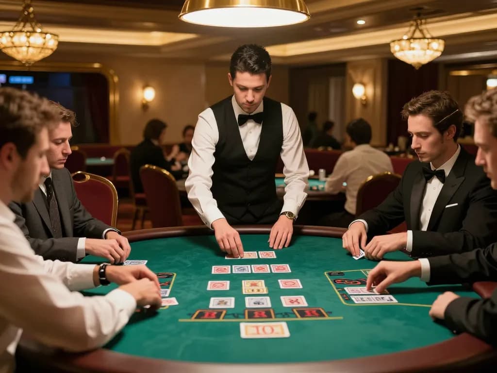 F168 players engaging at a baccarat table in a luxury casino, capturing excitement and strategy.