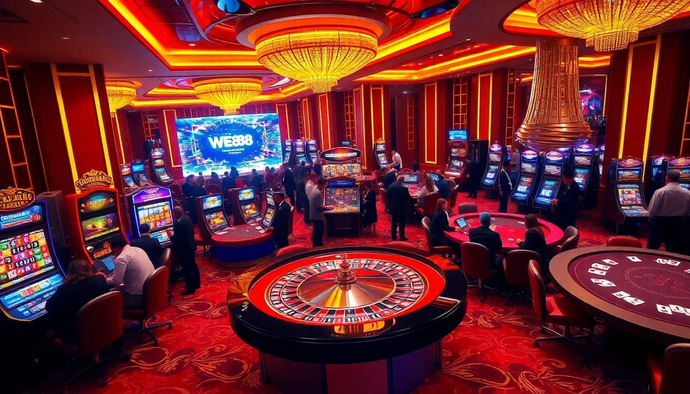 WE88 players experiencing excitement at a vibrant casino, with roulette and slot machines in view.