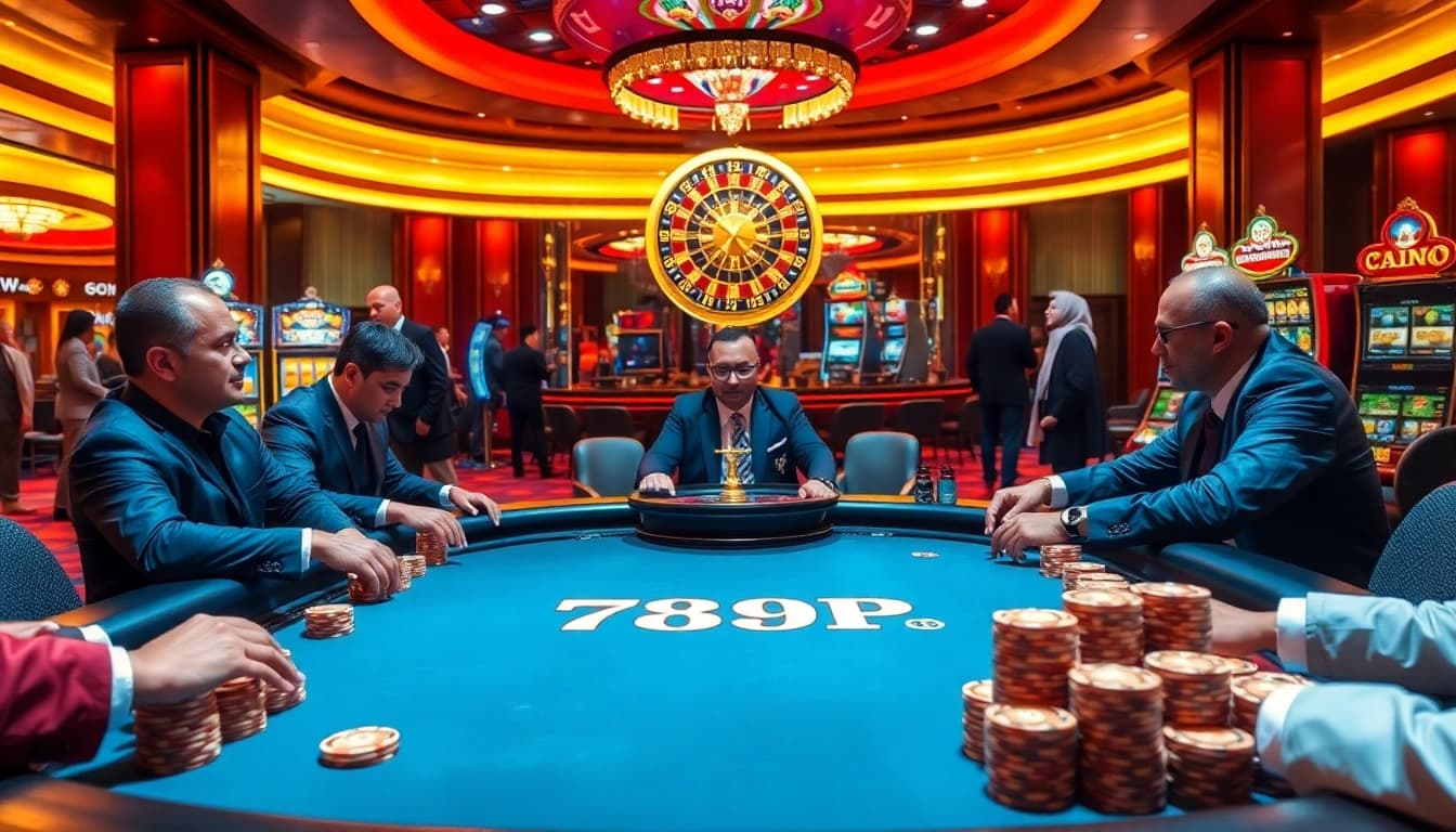 Players engaging at a luxury poker table at 789P casino, showcasing excitement and high-stakes gambling.
