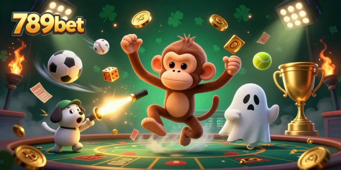 Experience the thrill of 789bet with a poltergeist monkey juggling golden casino elements.