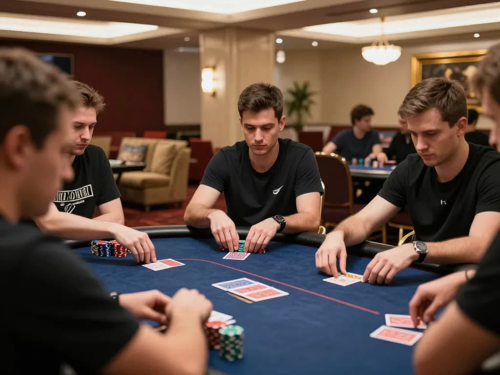 Players engaged in intense poker game at hitclub casino, showcasing strategic gameplay with focused expressions