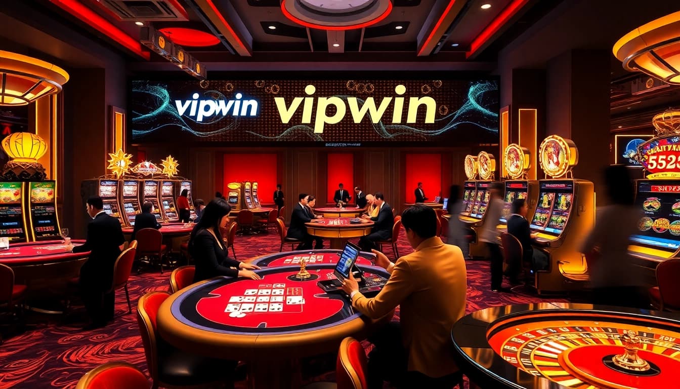 Experience the thrill of vipwin at a luxurious casino with players enjoying various gambling tables.