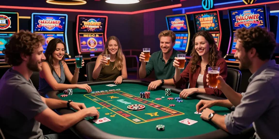 Exciting scene of players enjoying non UK licensed casinos at a virtual gaming table, celebrating wins with vibrant graphics.