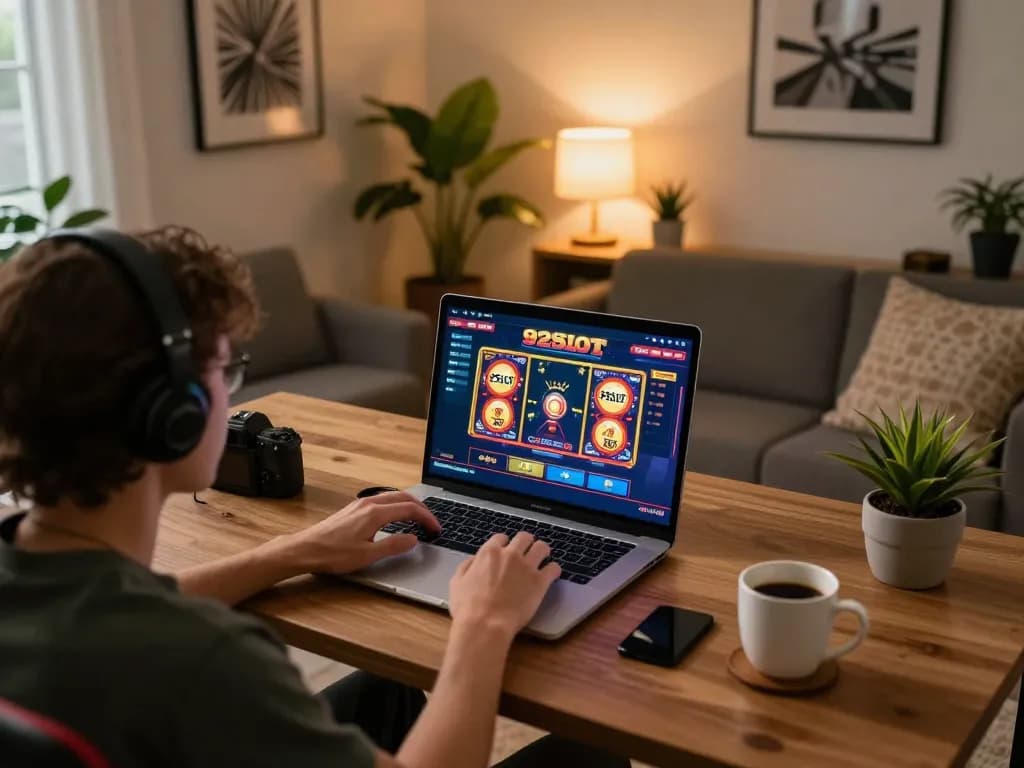 Player enjoying 92SLOT online gaming experience at a cozy home office setting with laptop display