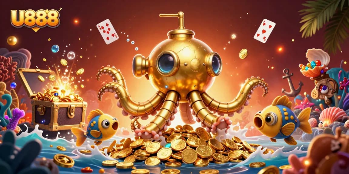 U888 showcases a thrilling underwater casino adventure, featuring a golden kraken and treasure.