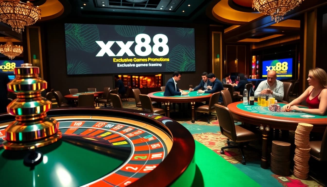 An immersive casino scene showcasing game excitement at xx88 with roulette and poker tables.
