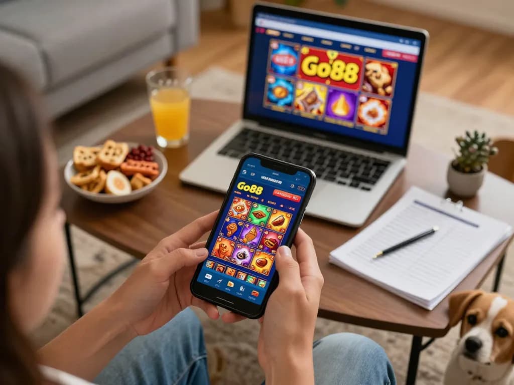 Engaging online gaming session on Go88 with smartphone app interface in warm home atmosphere.