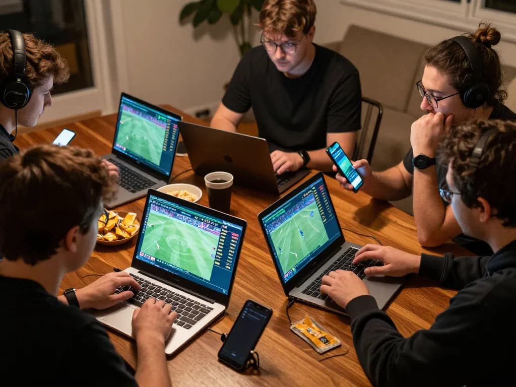 Bong88 users engaging in online sports betting from home with lively discussions and laptops