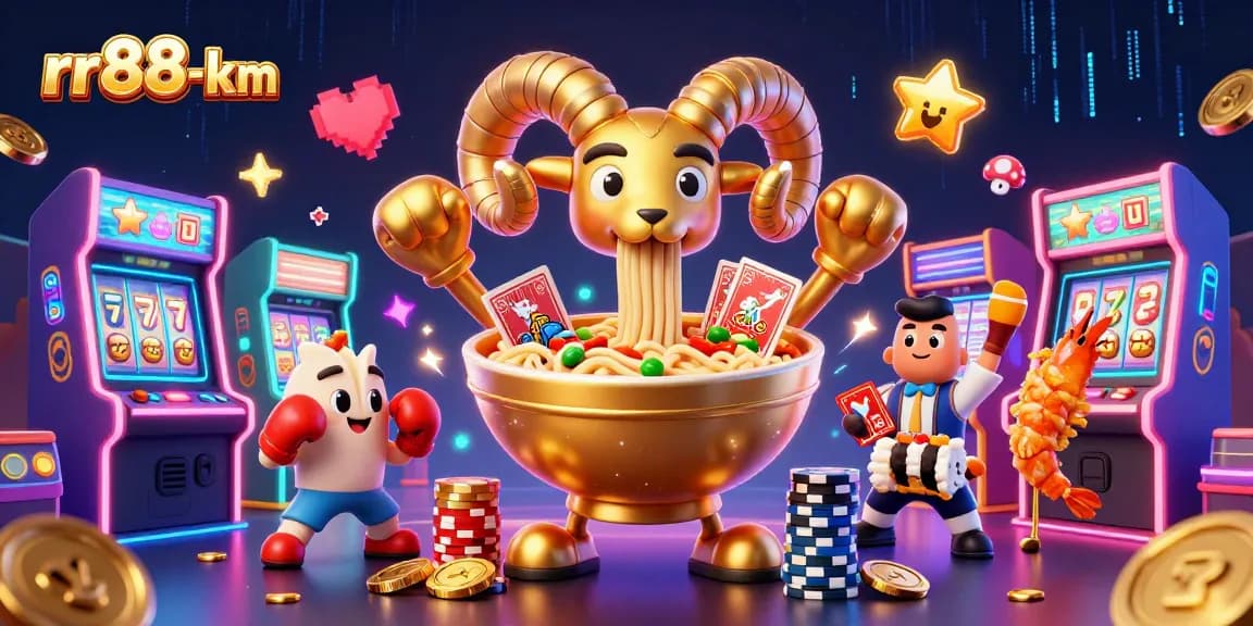 rr88-km casino scene featuring a golden ramen bowl dealer, lucky charms, and vibrant game elements.