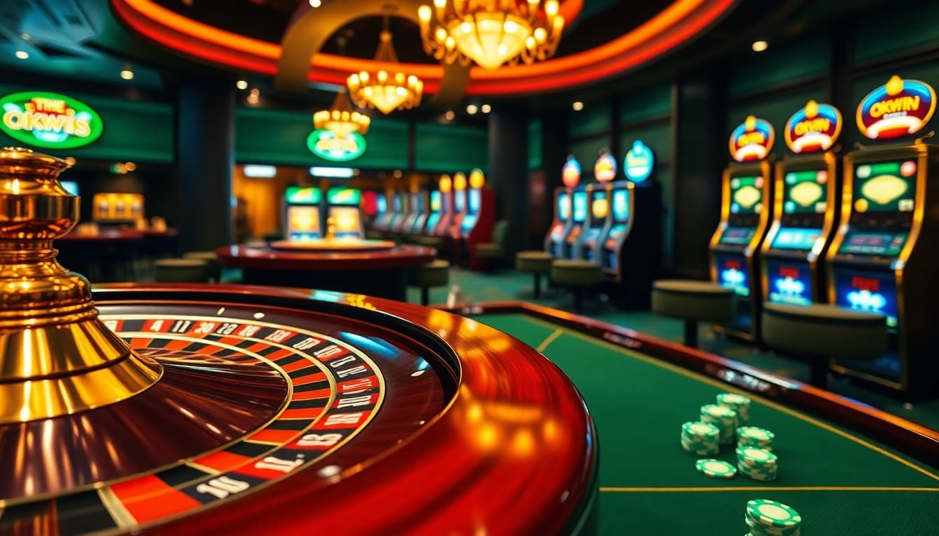 Engage in the Okwin game experience with thrilling roulette, vibrant poker chips, and exciting slot machines.