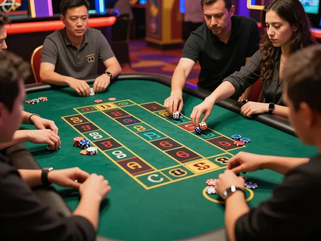Tài Xỉu players enthusiastically placing bets as the dice roll in a vibrant casino setting
