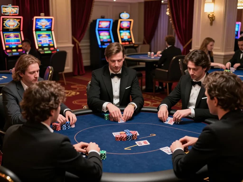 Players strategizing at a luxury poker table during an NK88 game, warm ambiance and elegant decor.