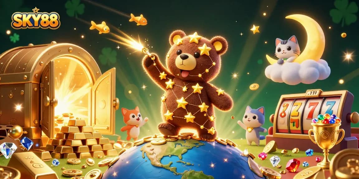 Engage in casino excitement with SKY88's vibrant slot game scene showcasing golden treasures and starry characters.