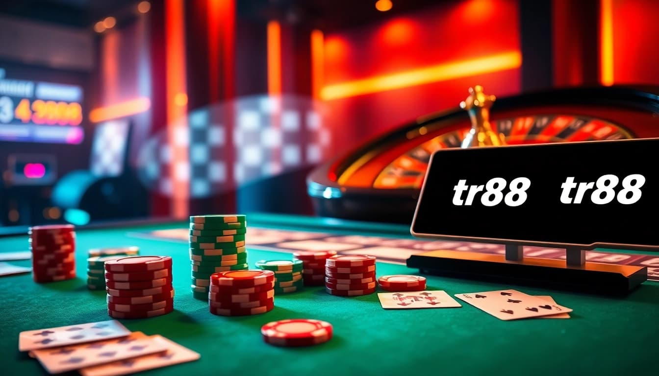 Engage with tr88's thrilling online casino experience featuring vibrant poker chips and an inviting gambling table.