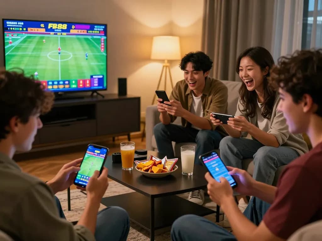 Friends enjoying keonhacai fb88 betting experience together in a dynamic living room