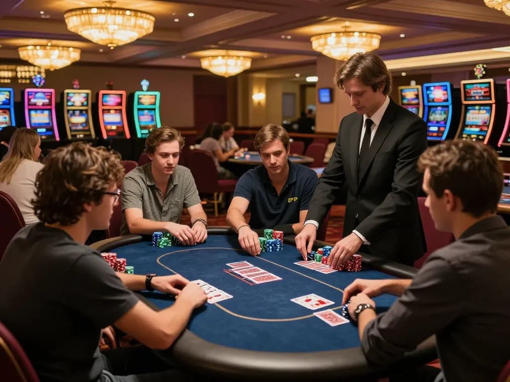 Players enjoying a thrilling poker game at an upscale casino, showcasing FLY88 casino excitement and strategic gameplay.