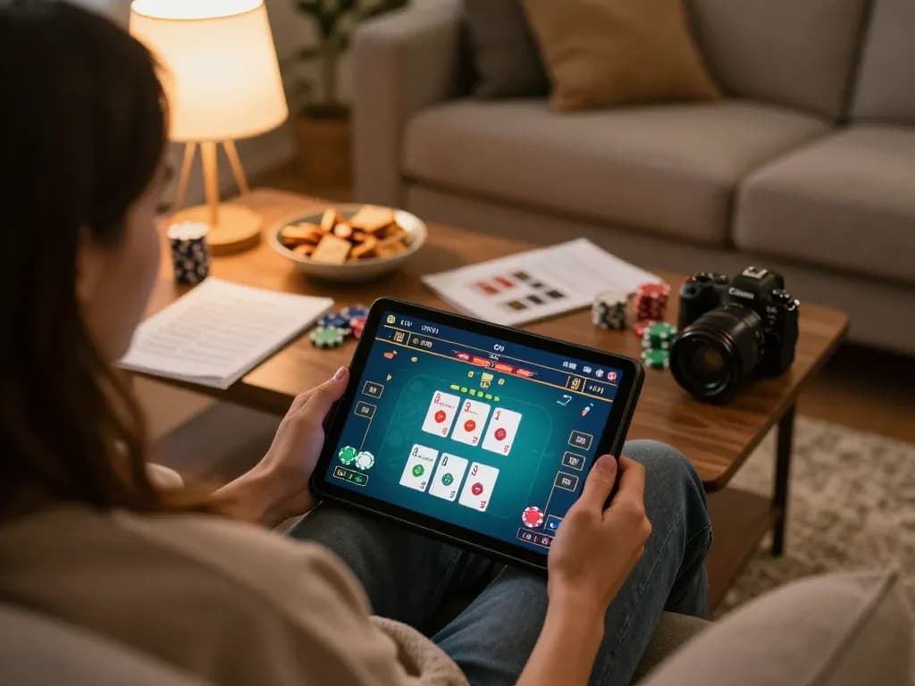 Enjoying online poker gaming at home with kp88, showcasing cozy atmosphere and gaming strategy.