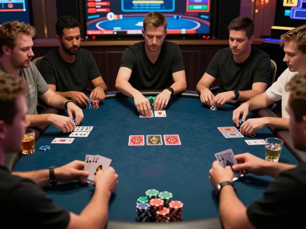 Players engage in a strategic poker game at nk88 online casino, showcasing vibrant community cards and chips.