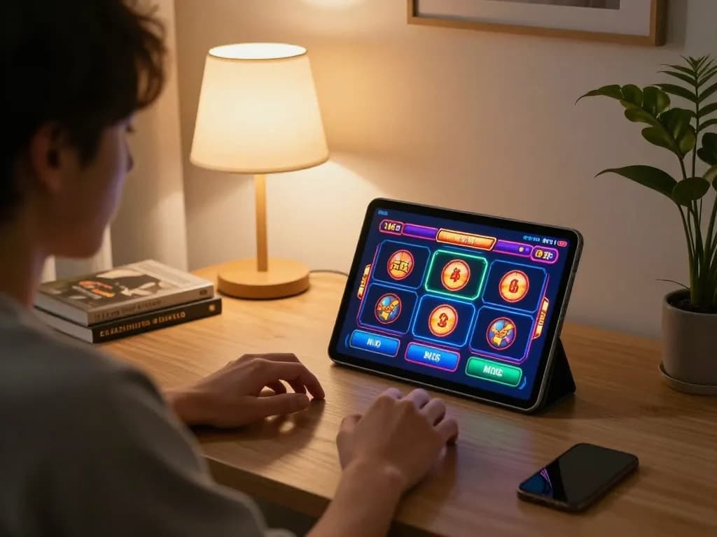 Enjoying Game sc88 on a tablet in a cozy home office during a gaming session