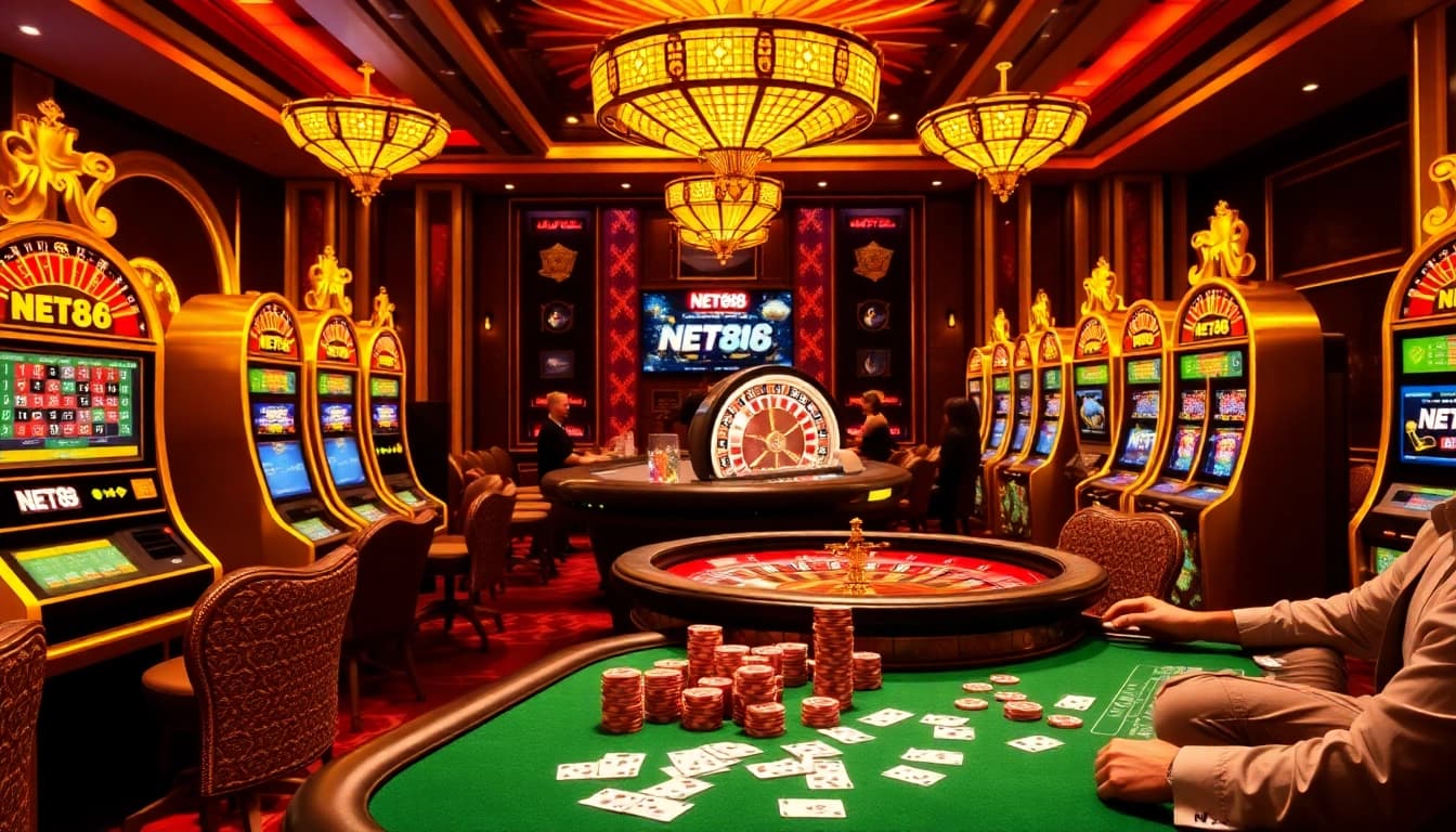 NET88 casino scene showcasing vibrant slot machines, poker chips, and thrilling gaming action.